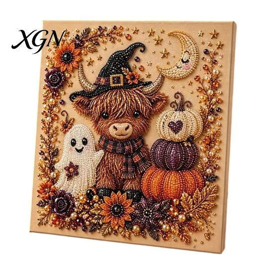 Handgemachtes Geschenk für Bastelfreunde 2 Stück Halloween Kunst mit Kunstperlen, Geisterkürbis Hexe Krähe Malerei DIY Funkelndes Perlen-Set Kit, 3D Totenkopf