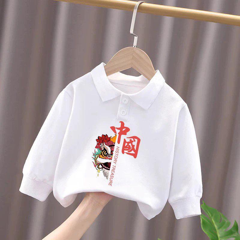 National Day Patriotic Cotton Long Sleeve Polo Shirt for Kids