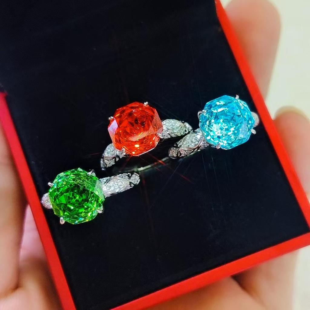 European Style Octagonal Rose Cut High Carbon Diamond & Emerald Women's Ring