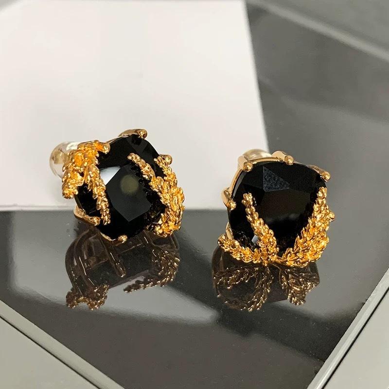 Francuskie kwadratowe kolczyki sztyfty z obsydianu w kształcie diamentu i kłoska pszenicy, wyczucie osobowości, niszowy design, lekki luksus, kolczyki ze srebra próby 925, kolczyki