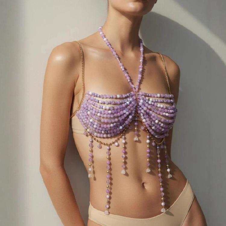 Beaded Body Chain Bra Multilayer Beaded Chest Chain Body Accessories Jewelry for Women Nightclub Raves Body Jewel