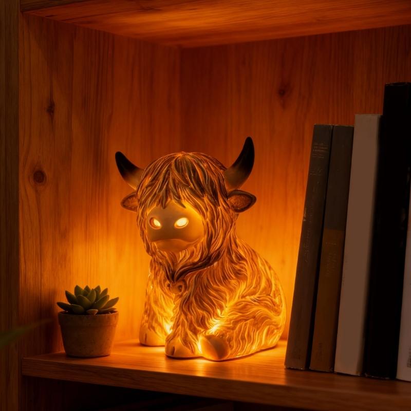 High Land Cow Nightlight Resin Miniature Figurine Desk Ornament Battery Powered for Farmhouse Tiered Tray Decors Gift