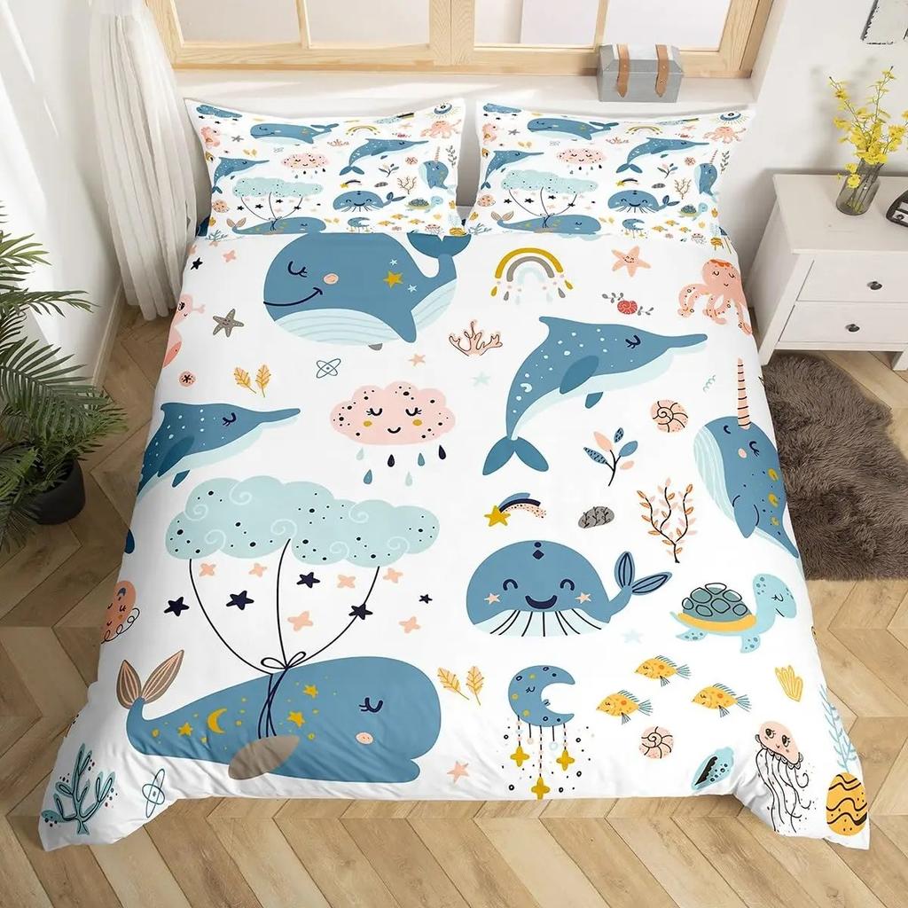 Blauer Bettbezug mit Meereswalen, King-Size-Bett, Cartoon-Meerestiere, Kinderbettwäsche-Set, Küstenstrand, Bettbezug, Meereswellen, Bettbezug