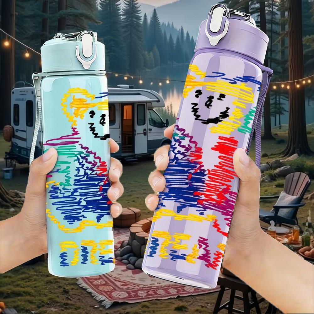 1PC Colorful Bear Team Art 750ml Color Plastic Sports Water Bottle Leakproof Flip Straw Lid Suitable for Sports Office Home Use
