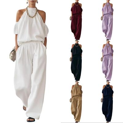 Fashionable Women's Off-Shoulder Wrap-Up Top High-Waist Wide Leg Pants Casual Set