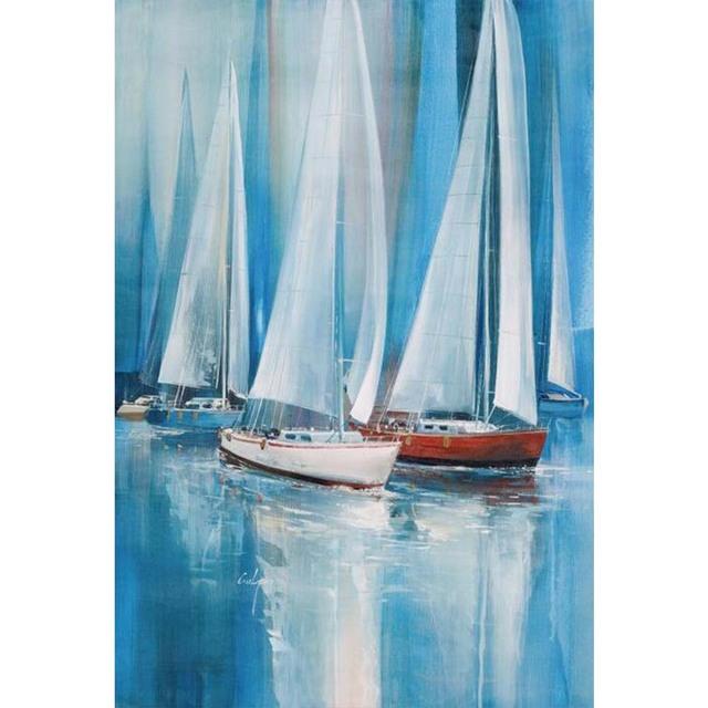 

Современная абстрактная парусная лодка, картина маслом на холсте, синий корабль, постеры и принты, настенная художественная картина для декора гостиной, без рамки 50cm×100cm No Frame