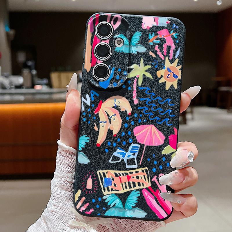 Cartoon Vacation Painting Case For Samsung Galaxy S25 Edge S24 Ultra S23 S22 Plus S21 FE S26 Ultra Leather Texture Silicone Cover