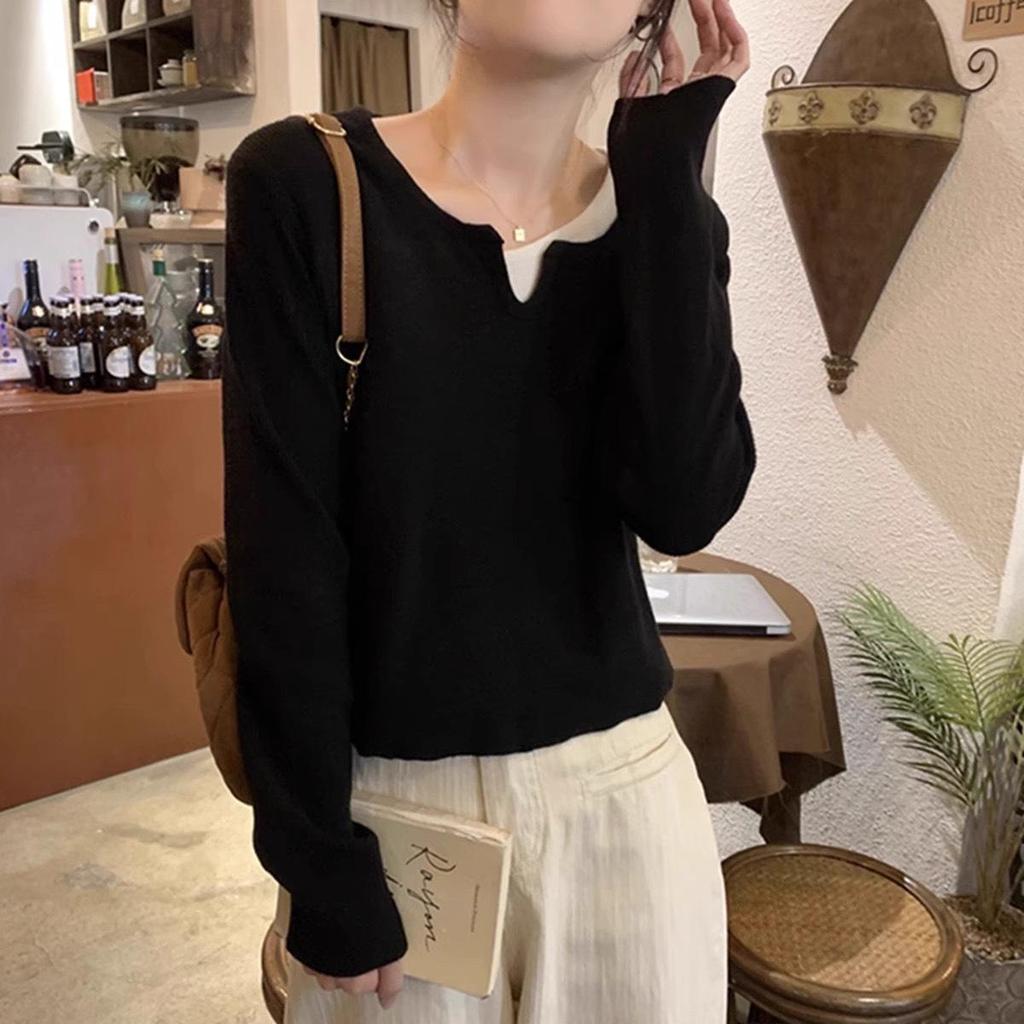 Women's French-Style Knit Sweater: Chic, Soft, Two-Piece Look with Revealing Collarbone for Spring, Autumn, and Winter.