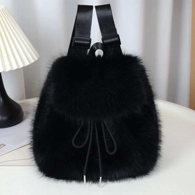 

Plush Backpack Women Small Cute Drawstring Fluffy Bag Solid Color Soft Knapsack Winter Warm Faux Fur Shoulder Backpack KTB 31*27cm чёрный