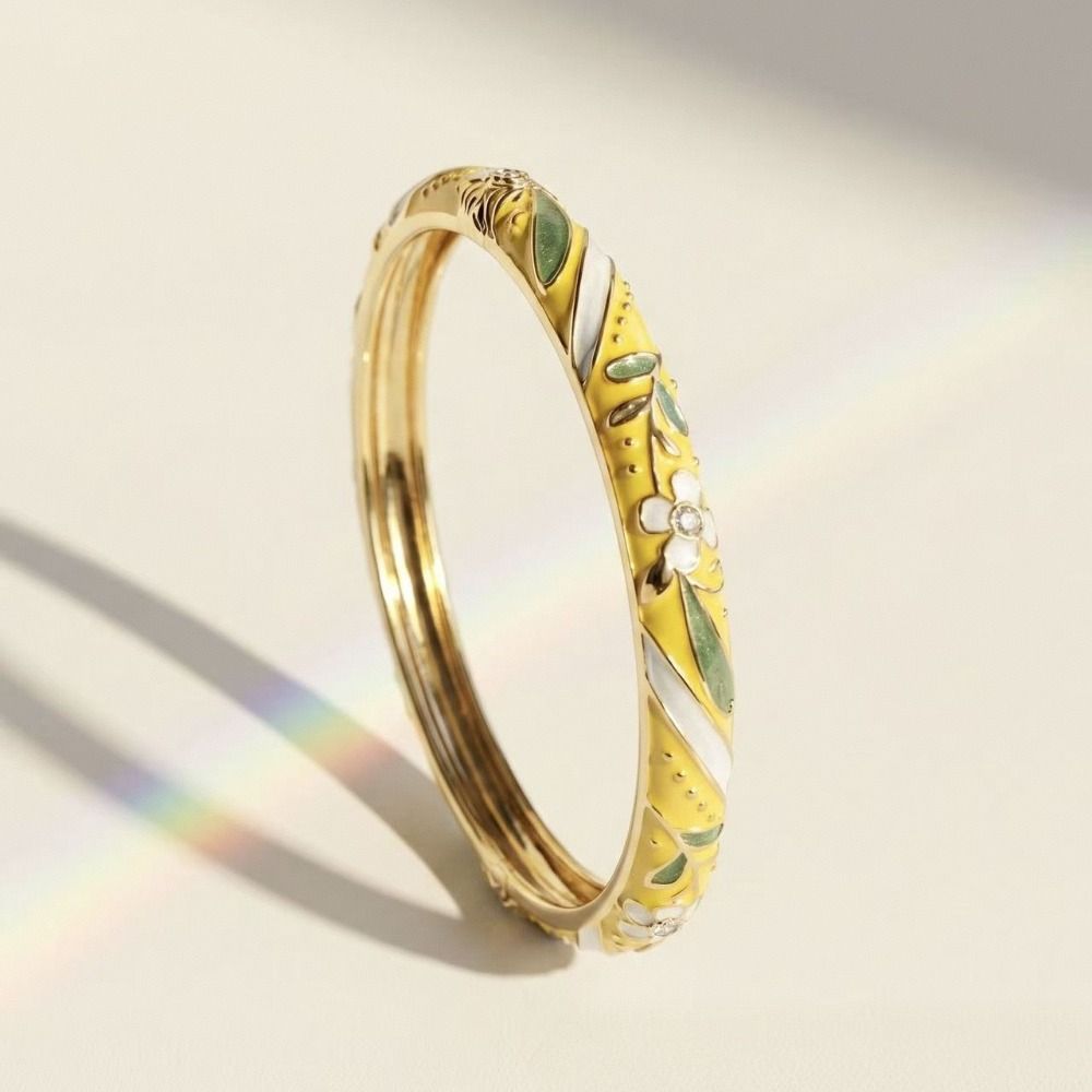 Colorful Gold Plated Floral Bangle Retro Rhinestone Inlay Oil Dipping Cuff Elegant