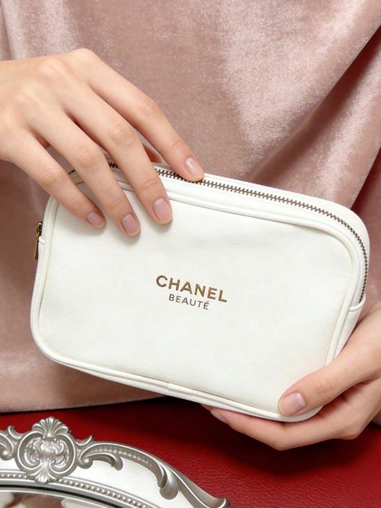 Weiße CHANEL BEAUTÉ Rechteckige Schminktasche, Reißverschluss in Gold, Kosmetiktasche für Reisen, Luxusmarke Beauty-Accessoire
