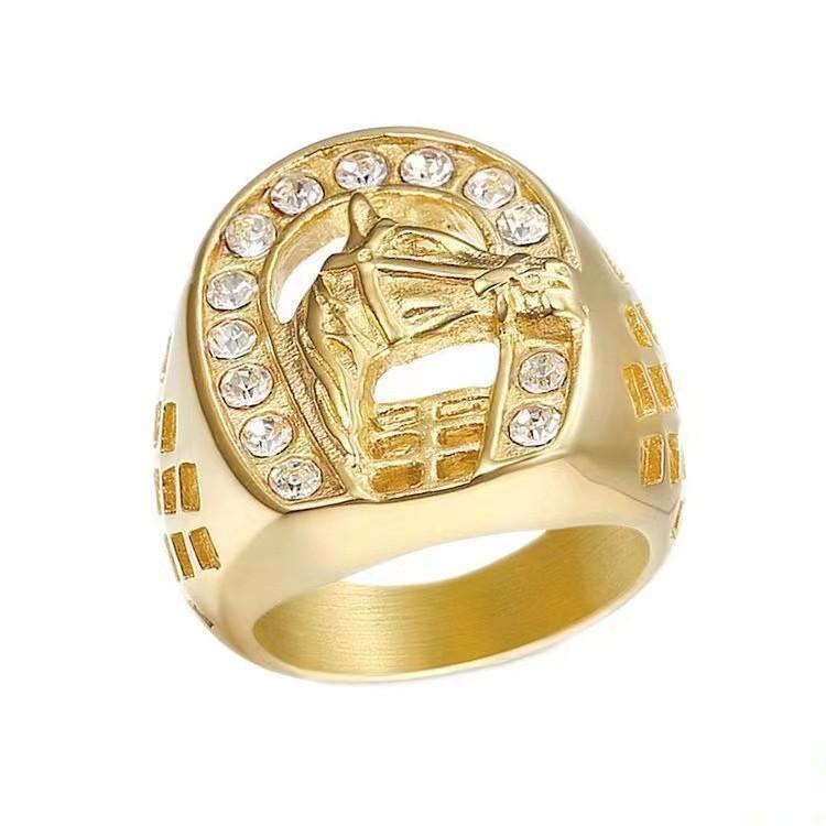 

New Hip-Hop HIPHOP Jewelry Titanium Steel Gold-Plated Diamond-Studded Horse Head Men s Ring 13No.