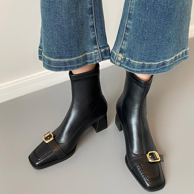 Fashion Vintage Thick Heel Woman Ankle Boot Fashion Belt Buckle Ladies Elastic Slim Short Booties Autumn Winter Women's Shoes
