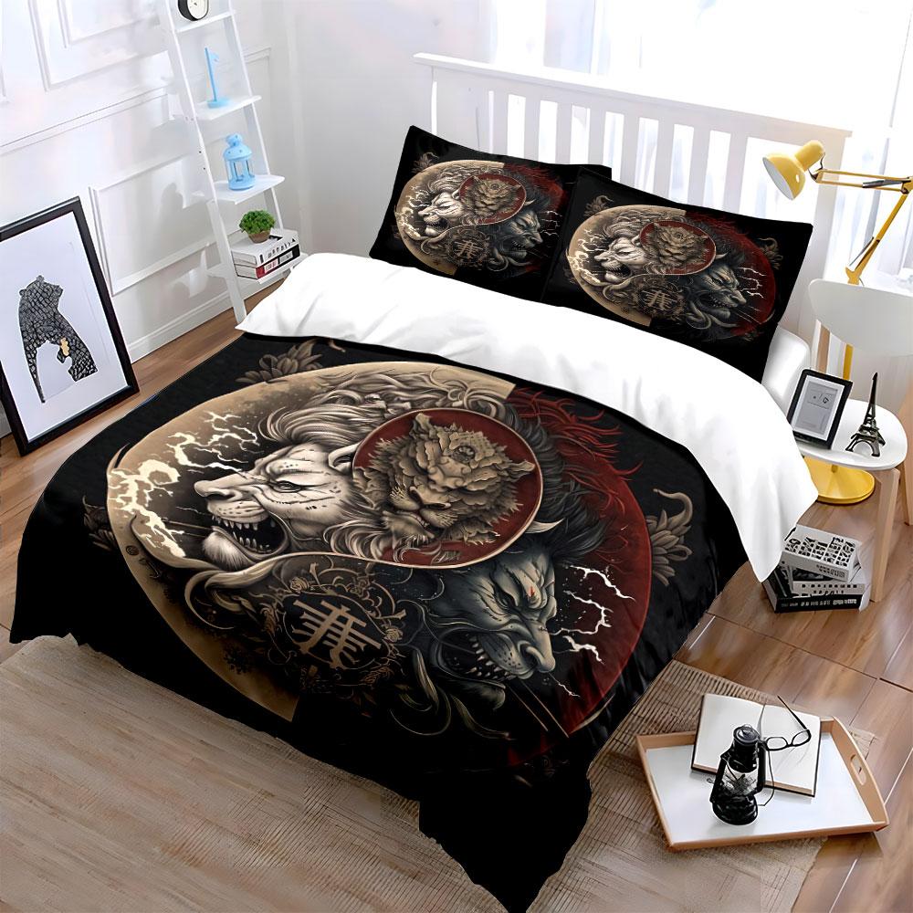 "Dragon Tiger Yin-Yang Decor Set" Bedding Set with 1 Duvet Cover 2 Pillowcases Single Double King Queen, Gift