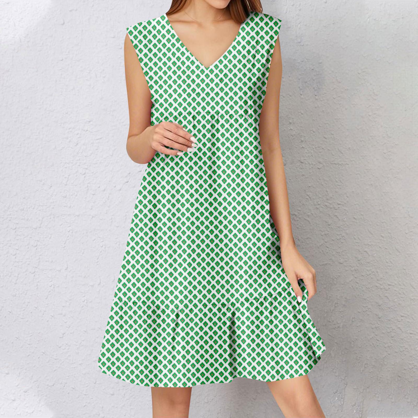 

Womens Summer Dress Sleeveless V Neck Printing Short Dresses Fashion Casual Flowy Boho Ruffle A Line Swing Sundress S зелений
