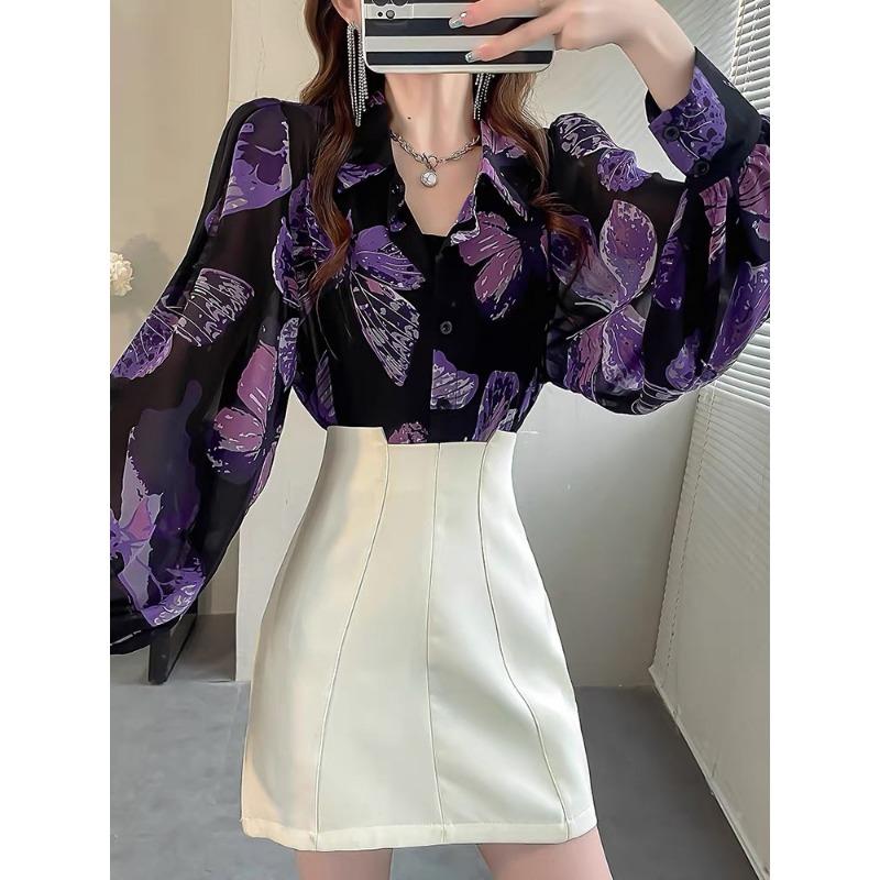 Camicia Viola Chic con Stampa Farfalle Primavera Top alla Moda Lento in Chiffon con Maniche a Lanterna per Donne