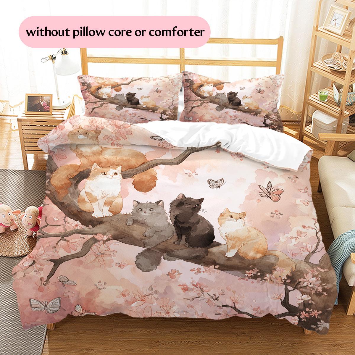 Butterfly Cat on a Branch  Pattern Bedding Quilt Set Quilt Cover Pillowcase Home Decoration  Gift (1 * duvet cover + 2 * pillowcase, without core) 135x200cm