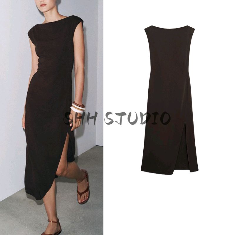 Summer New Product Women's Clothes Drop Shoulder Design Viscose Blended Silm Boat Neck Sleeveless Length Dress 3332376