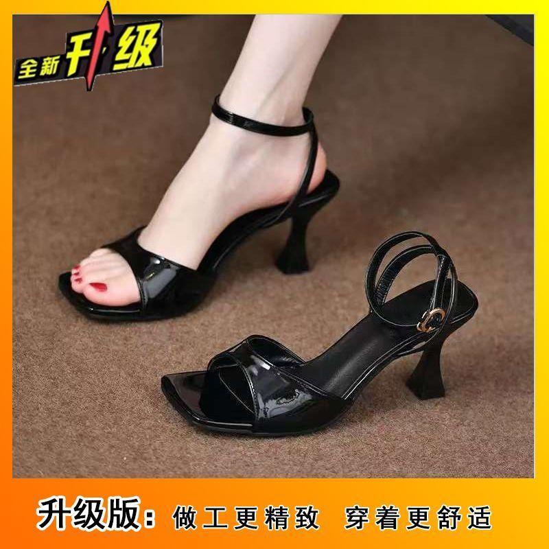 In the summer of 2025, the new French square head open-toed with sandals, fairy style with skirt, stiletto sandals, female
