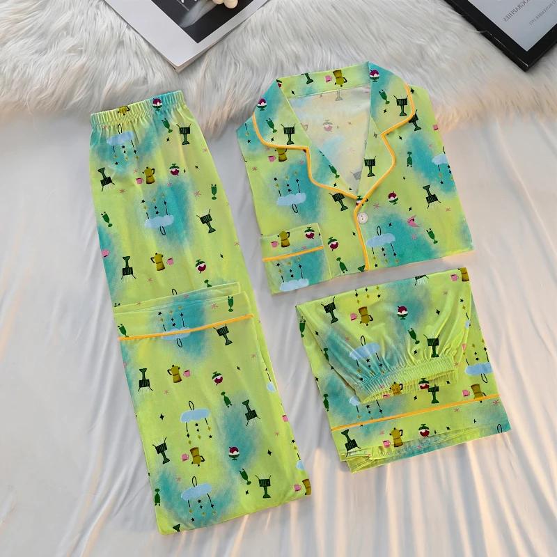 Fresh Green  Cartoon Women's Pajamas Cute 3pc Lady Sleepwear  Milk Silk Fashion Female Homewear