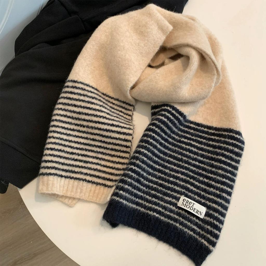 Customized atmosphere striped knitted scarf women's winter warm thickened premium wool cold neck protection scarf