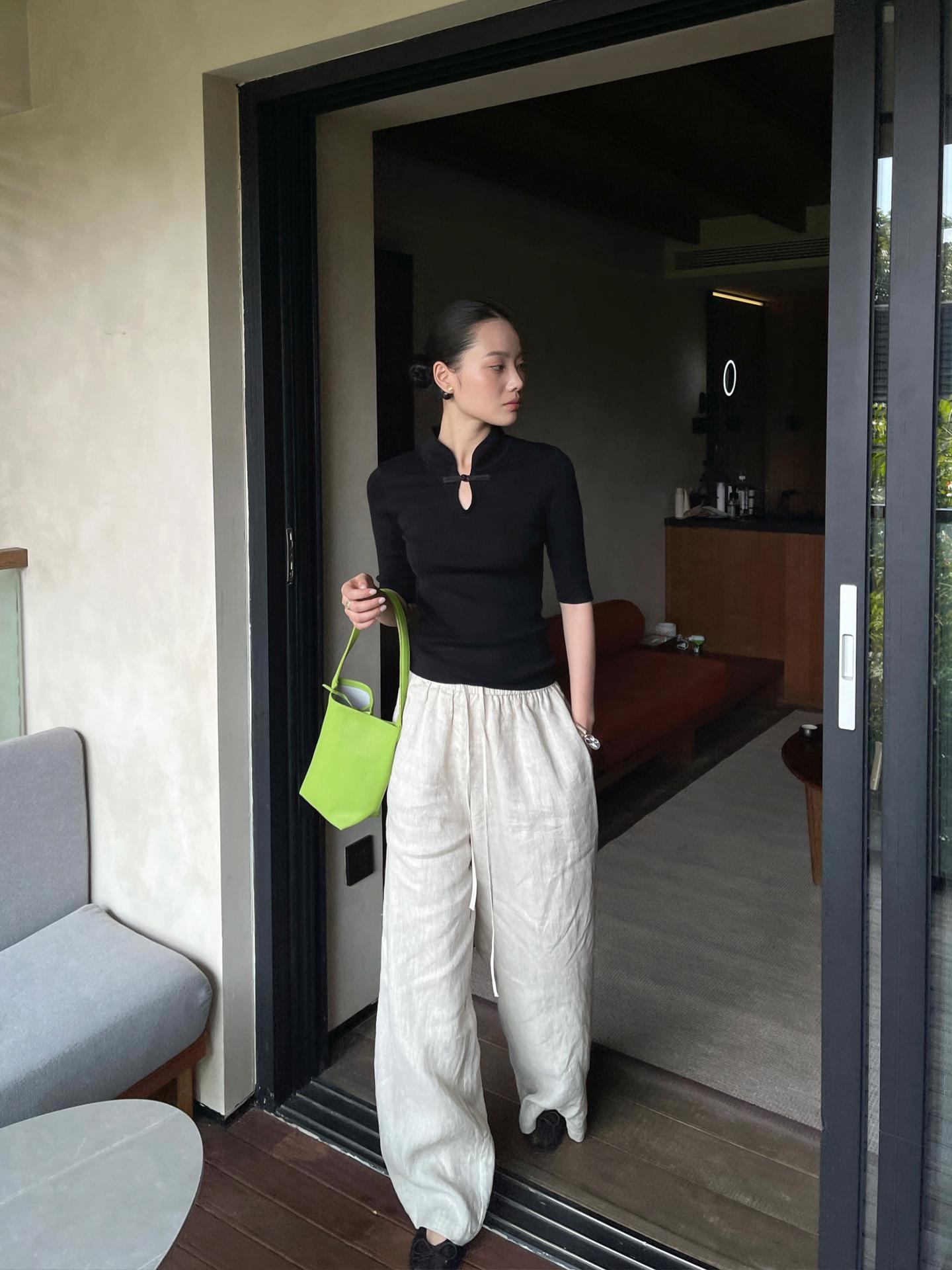 Korean Minimalist Loose Linen Wide-Leg Trousers L
