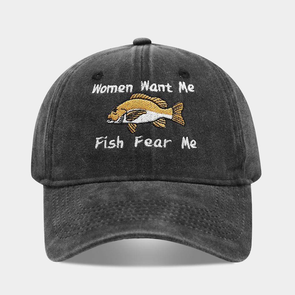 Women Want Me Fish Fear Me Embroidered Cotton Baseball Cap For Sun Protection