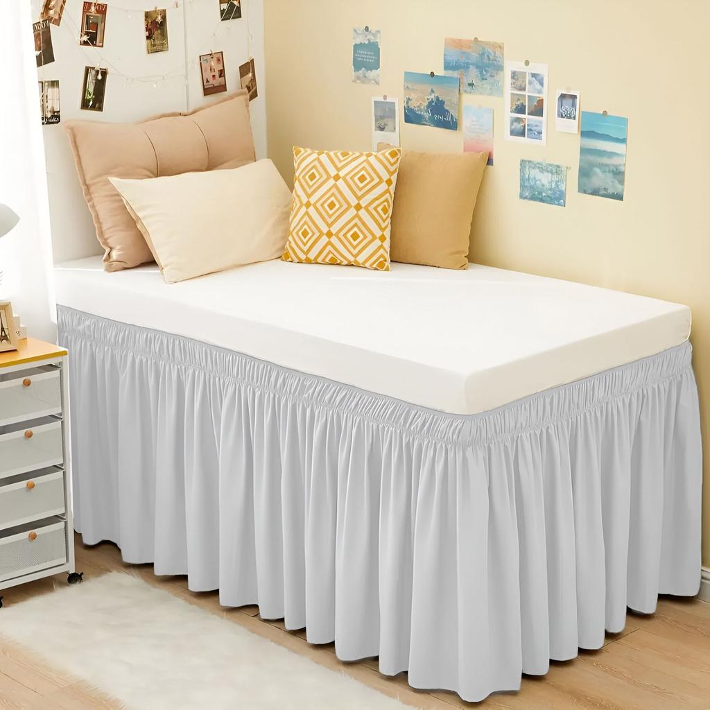 Extra Long College Hostel Dorm Room Bed Skirt Wrap Around Pretty Ruffles Bed Skirt Valance with Three Sides Fabric for Twin Bed
