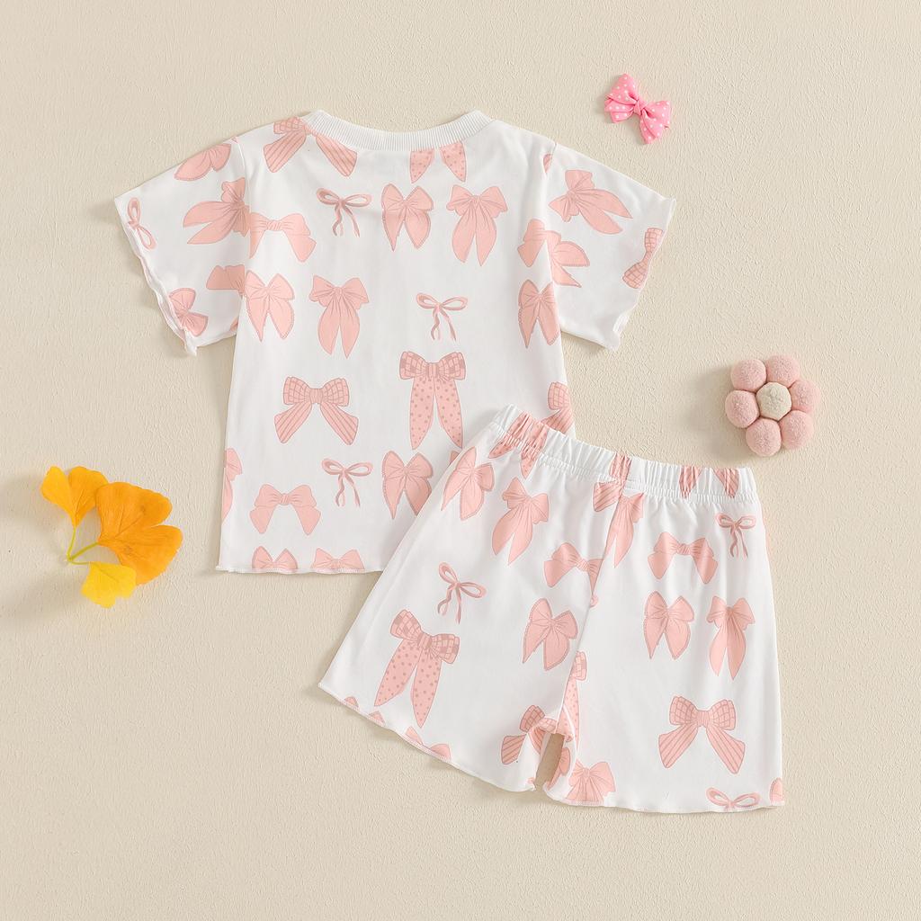 Toddler Girl Summer Clothes Bow Print Short Sleeve Round Neck Tops Elastic Waist Shorts Outfit