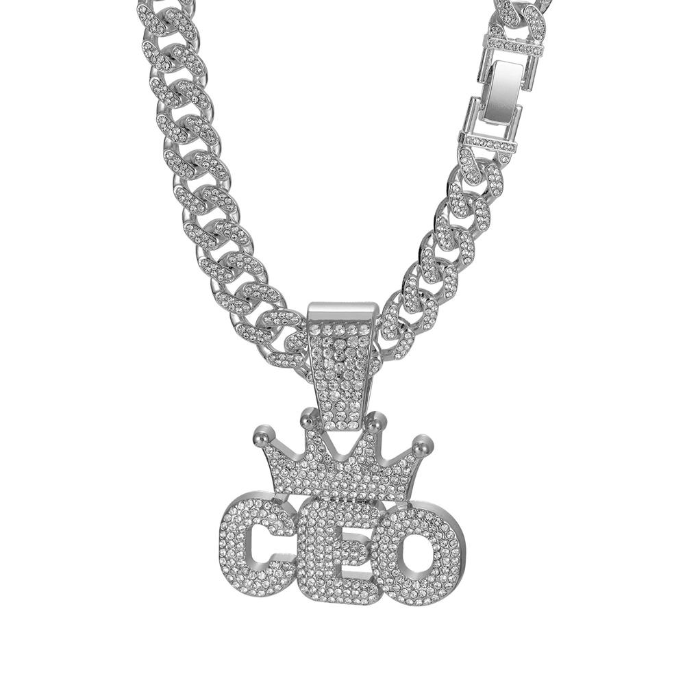 Men Hip Hop Crown CEO Letter Pendant with Cuban Link Chain Necklace For Women Men  Bling Iced Out Rhinestone Necklaces Jewelry