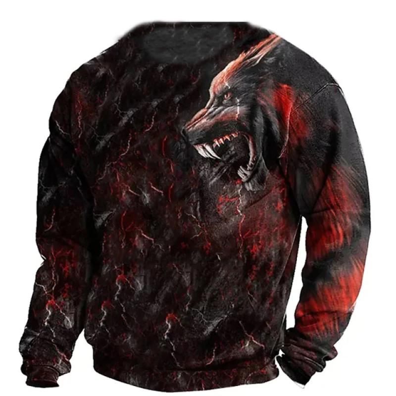 New Men T Shirt 3d Wolf Print Cotton O Neck Long Sleeve Tops Oversized Vintage Clothes Male Gothic Hip Hop Street T-shirts