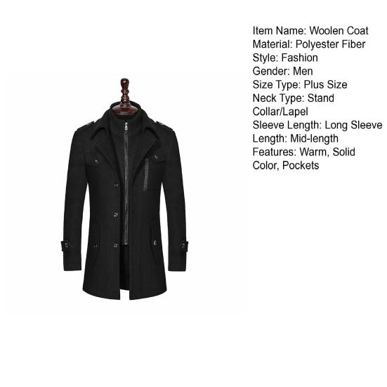 Men Woolen Coat Stand Collar Lapel Long Sleeve Solid Color Mid-length Business Coat Zipper Button Closure Work Windbreaker