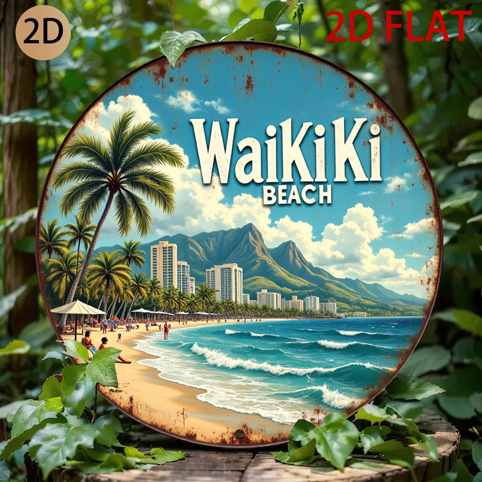 Waikiki Beach Metal Sign Retro D Round Wall Art for Home Bar Decor Tropical Coastal Vacation Rental Decor 20x20cm(8x8inch)