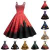 Women's Sleeveless Halloween Print Dress Vintage Style Round Neck Casual Fit and Flare Midi Dress with Spaghetti Straps and Festive Pattern