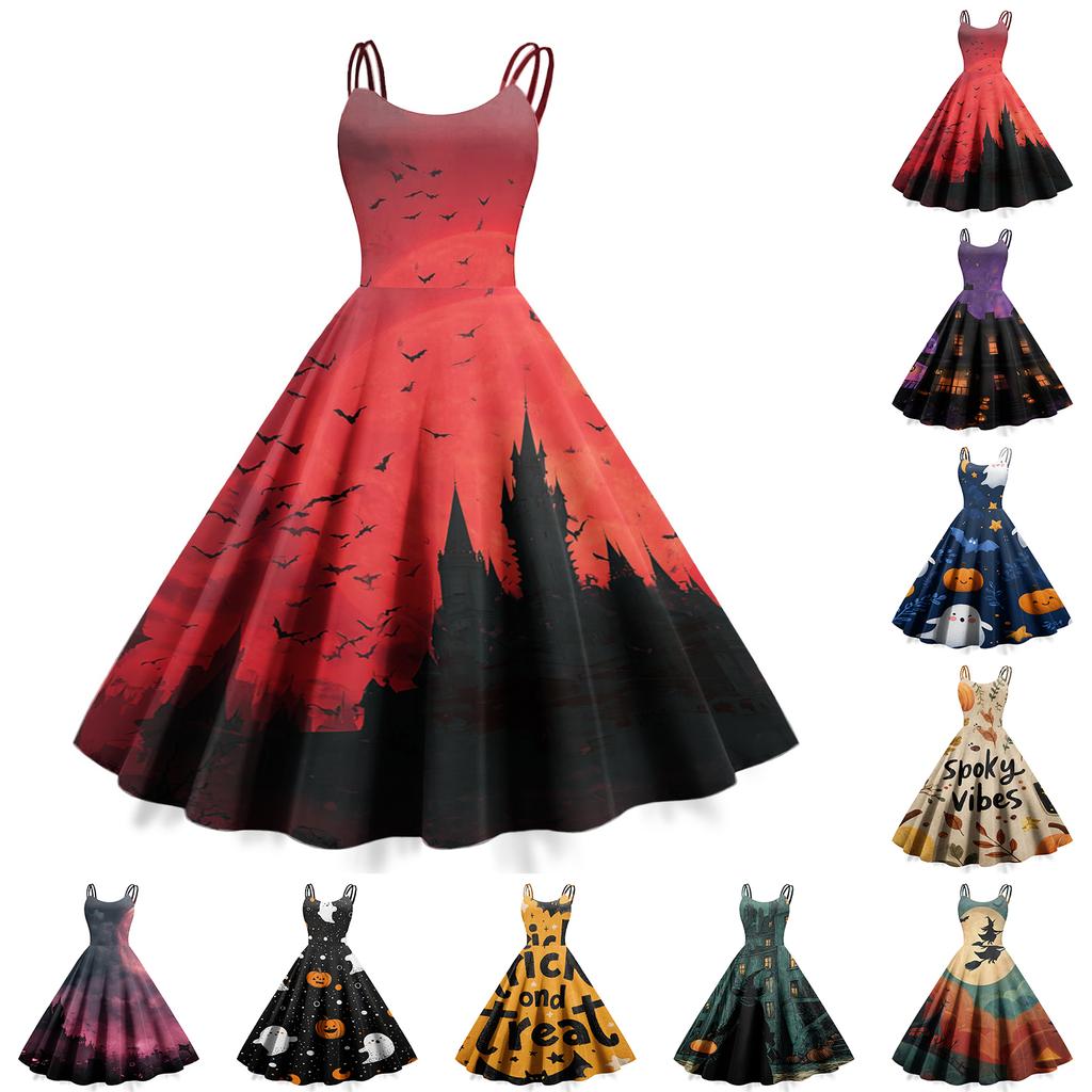 Women's Sleeveless Halloween Print Dress Vintage Style Round Neck Casual Fit and Flare Midi Dress with Spaghetti Straps and Festive Pattern