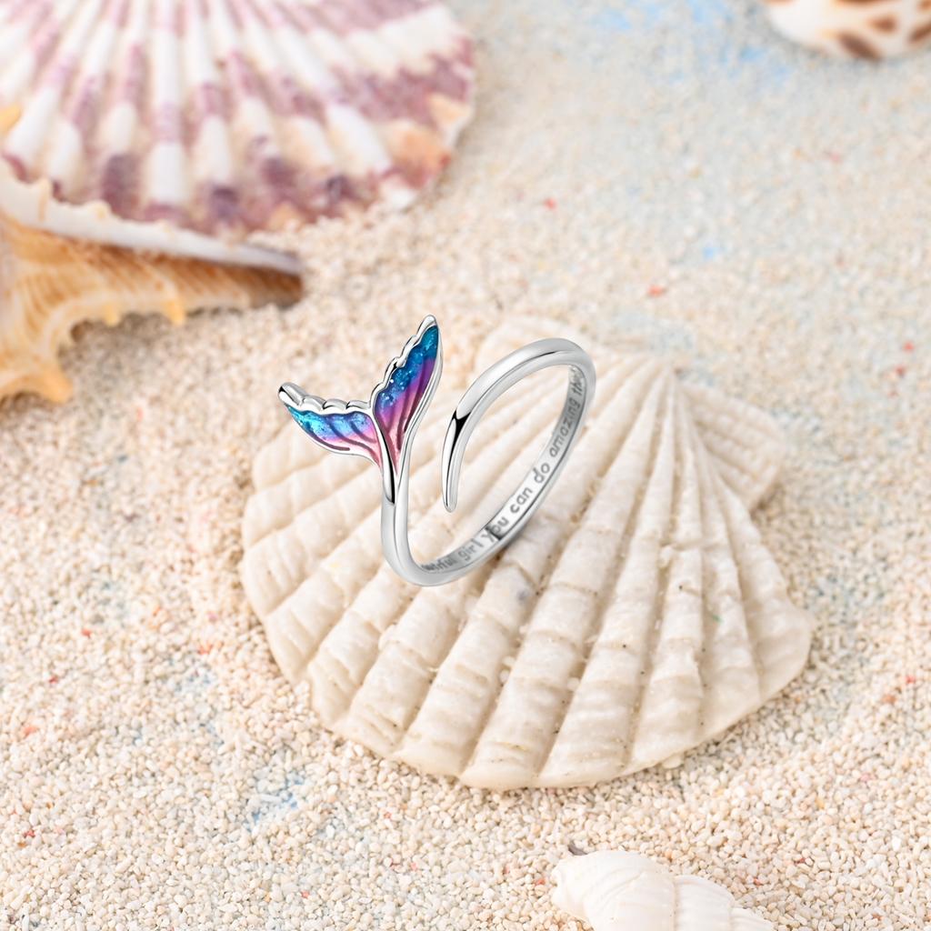 Copper Mermaid Tail Open Ring For Women Gradient Enamel Adjustable Dainty Ocean Fine Versatile Jewelry Gift