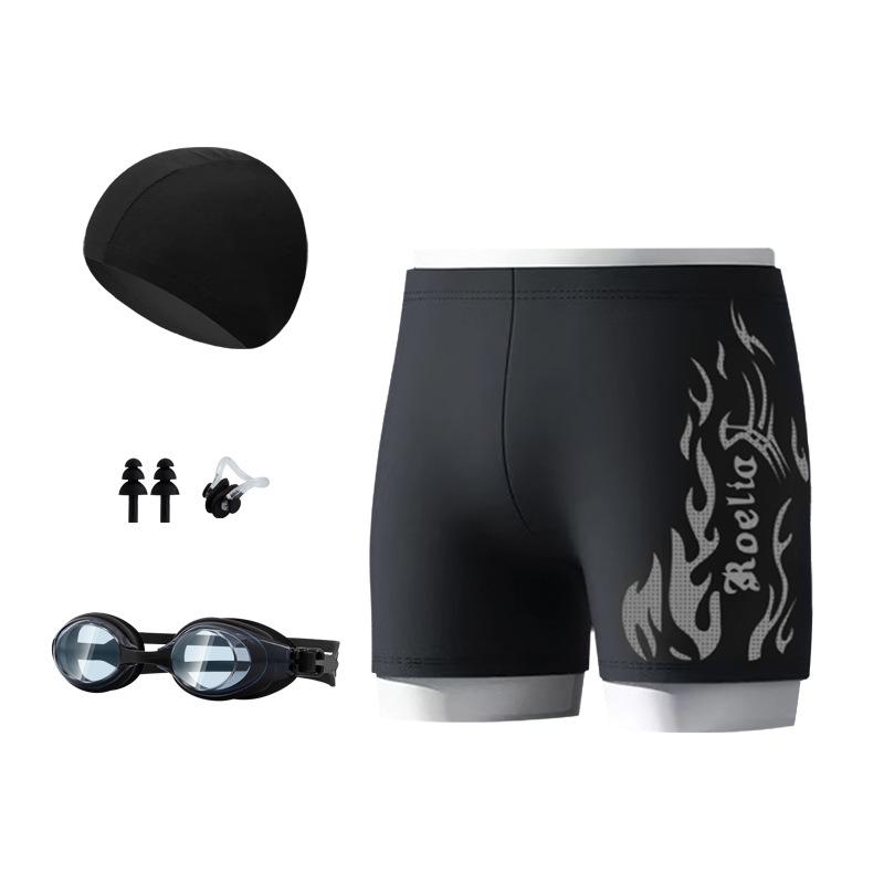 Nylon Flame Men's Swim Trunks & Goggles Set - Quick-Dry Square Leg Training Swimwear