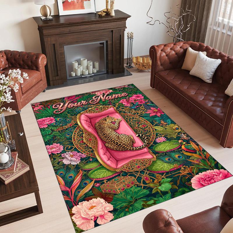 Leopard Theme Crystal Velvet Floor Rug Personalized Custom Name Text Warm Carpet Home Decoration