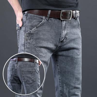 Autumn Winter Fleece-Lined Jeans for Men Slim Fit Skinny Gray Long Pants Korean Style Trendy Youth Stretch Casual Pants