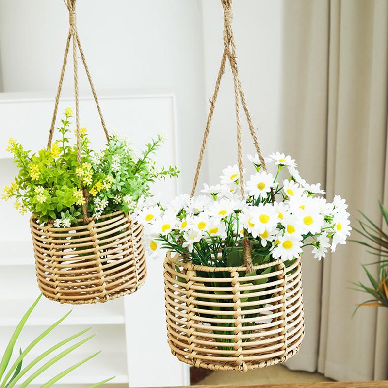 1PC Home Decor Green Plant Woven Rattan Vase Flower Baskets Hanging Flower Pot Garden Wicker