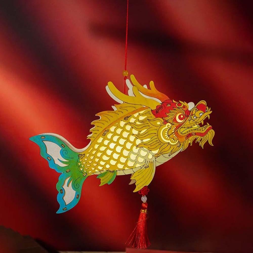 Carved Wood Dragon Fish Lantern Three-Dimensional Hand-Painted Mythical Creature Lamp Mythological Hanging Rope