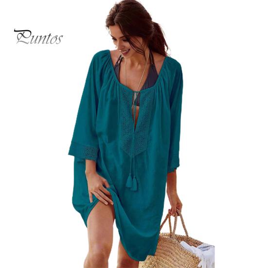 

Блузка для плавания, пляжное бикини, рукав три четверти, свободная длинная кисточка, ажурное платье с низким вырезом, защита от солнца, длина до колен, одежда для курортного отдыха, платье миди. темно-синий