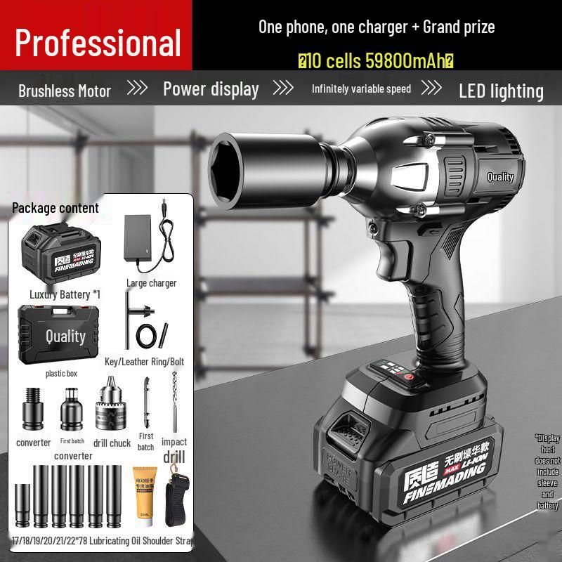 High Torque Rechargeable Brushless Impact Wrench with Lithium Battery for Car Repair