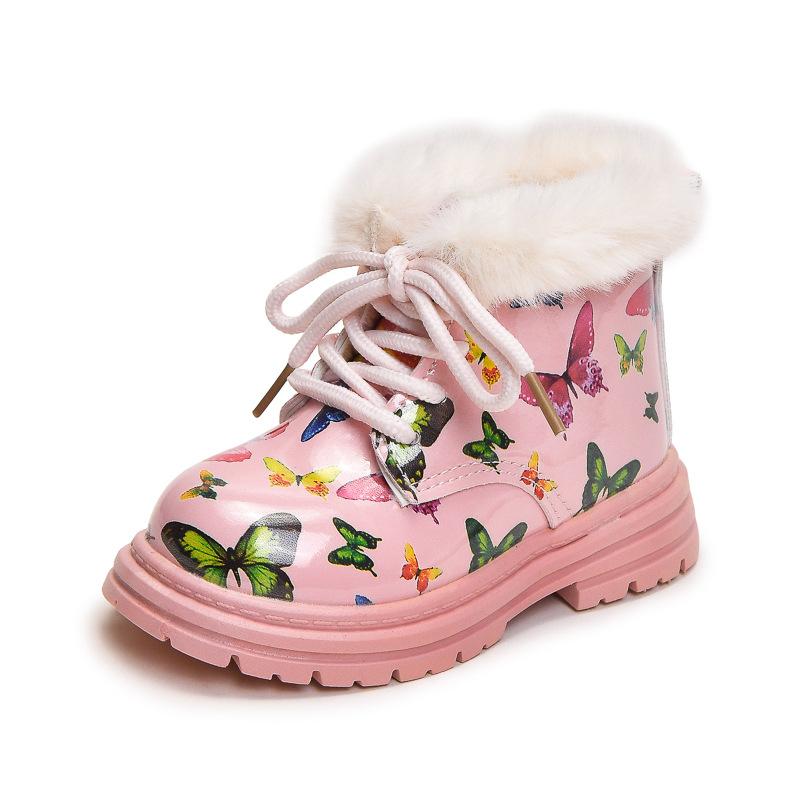 

Colorful Butterfly Print Kids Fur Boots Thickened Plush Platform Boots Shoes Child Noteworthy Girl Waterproof Short Boots I08088 21 розовый