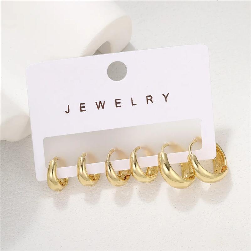 3Pcs/Set Trendy Fashion Classic Style Copper Alloy Gold-Color Smooth Metal O- Shaped Circular Earrings For Woman Party Jewelry