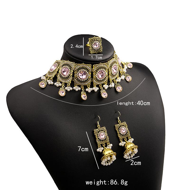 European and American Retro Gemstone Necklace Ring Set, Metal Wind Gold Diamond Fringed Chain Exaggerated Temperament Accessories Wholesale