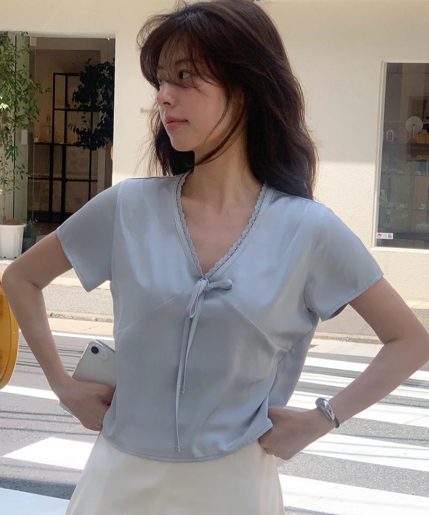 LETTER FROM MOON Satin V-Neck Ribbon Top (Sky Blue)