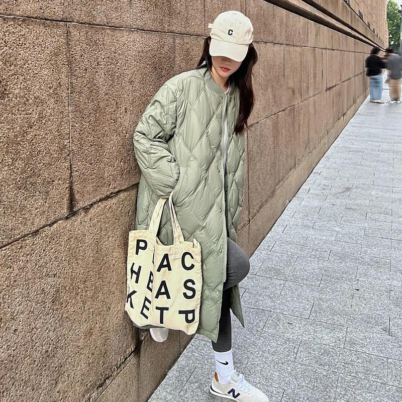 Women's Autumn and Winter Diamond-Patterned Long Lightweight Jacket, British Style Mid-Length Coat, Korean Style Hooded Warm Jacket