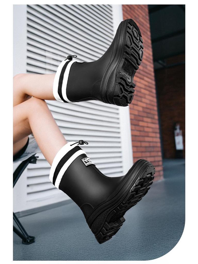 Women's Waterproof Velvet-Lined Mid-Calf Rain Boots: Drawstring, Wear-Resistant, Non-Slip Rubber for Cross-Border Fashion