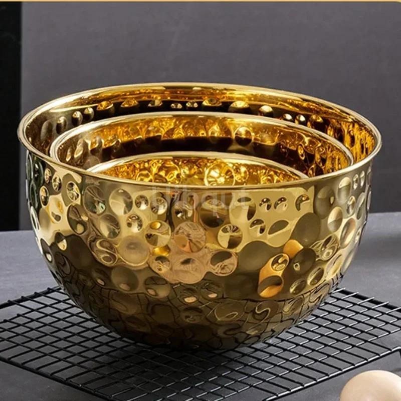 Gold /Silver Stainless Steel Hammer Point Fruit Bowl Salad Plate Egg Pot round Baking Mixing Cooking Bowl CreativeDecoration